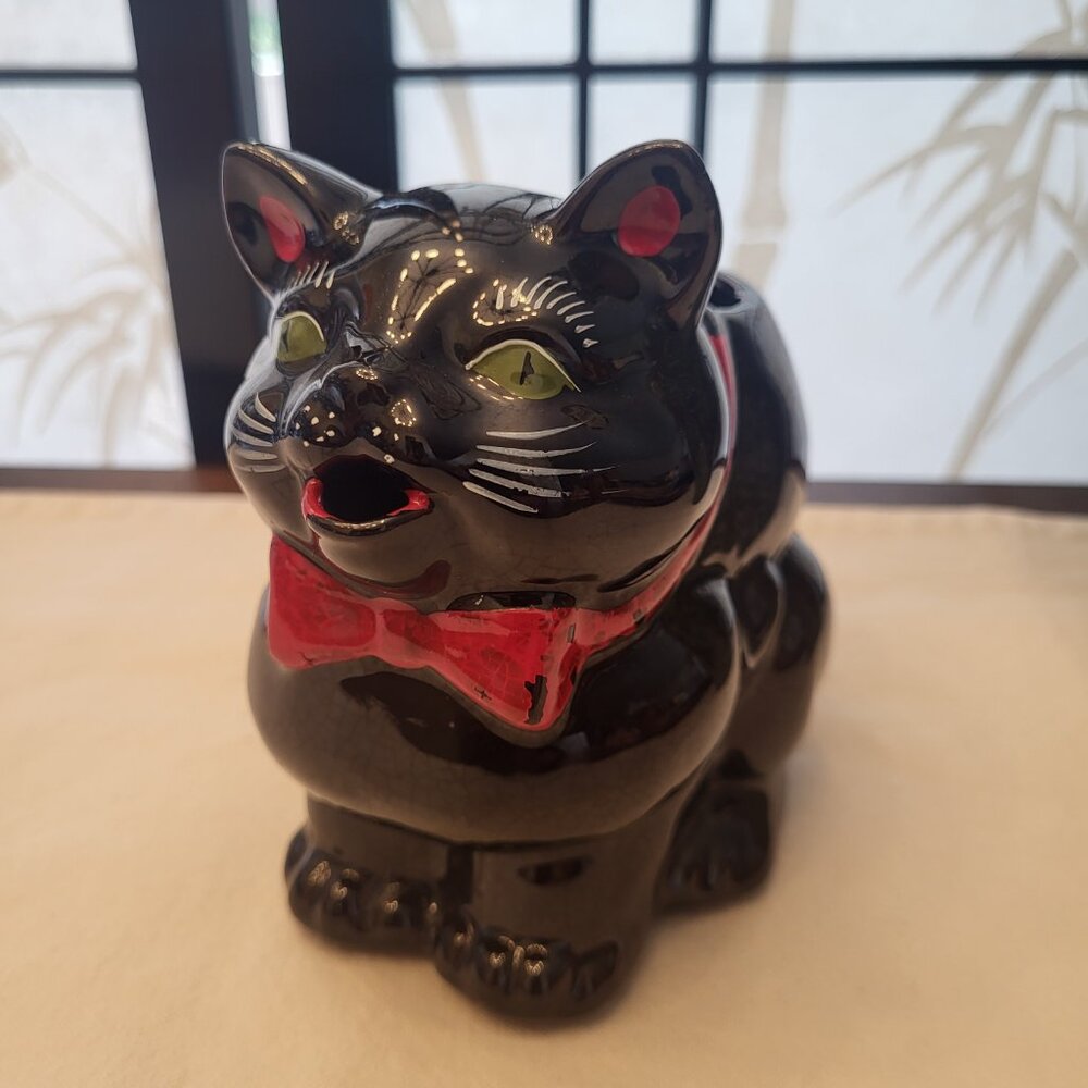50s Shaffordshire Redware Black Cat Kitten Pitcher Creamer - Hand Decorated